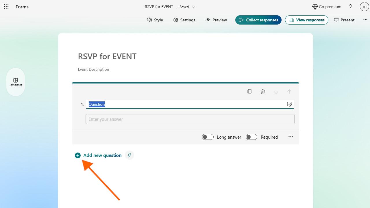 Arrow pointing to "Add new question"