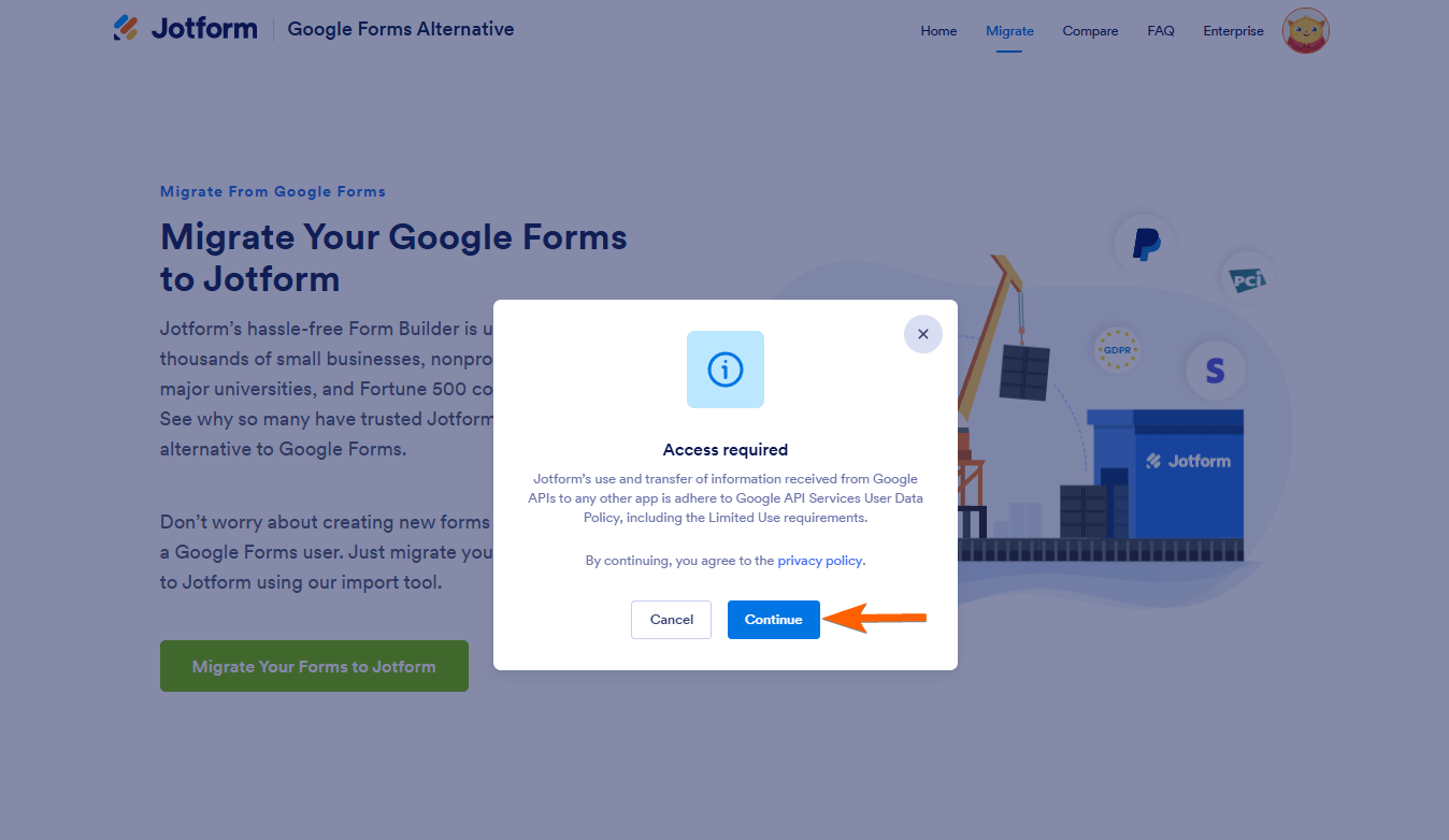 Screenshot of the "Access required" notification on the Jotform Google Forms Migration tool, with an arrow pointing to the "Continue" button