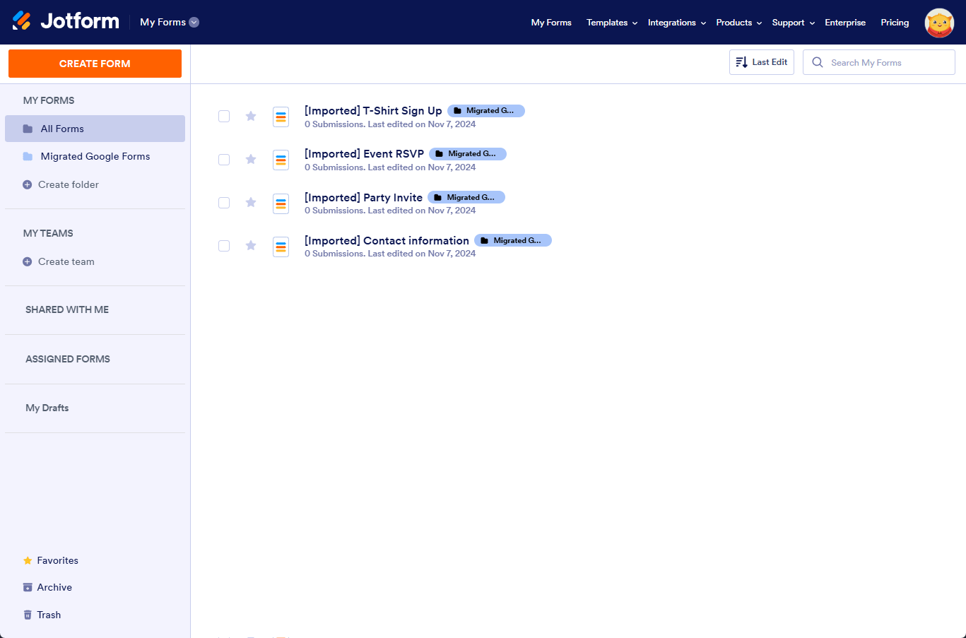 Screenshot of the Jotform My Forms page