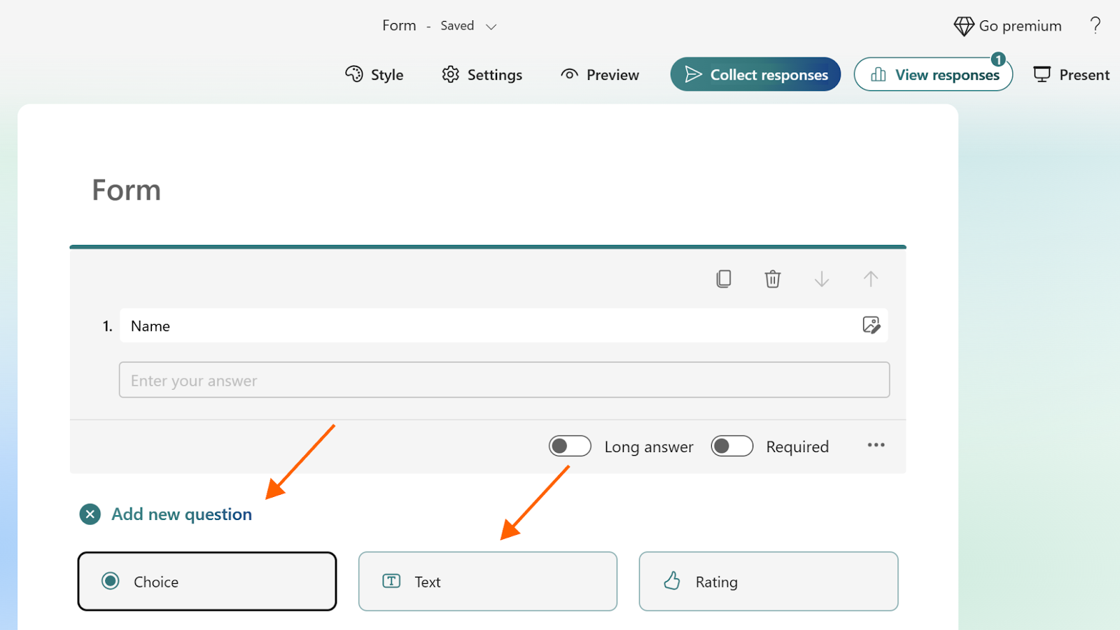 Screenshot of a form in Microsoft Forms with an arrow pointing to the "Add new question" and "Text" buttons