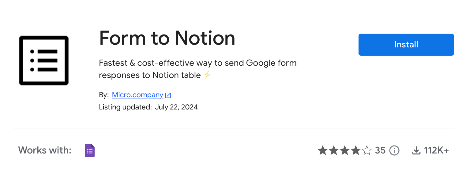 Screenshot of Form to Notion plug-in on Google Marketplace