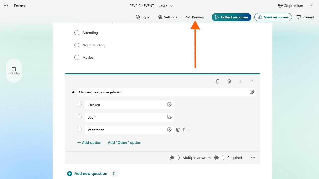 Arrow pointing to "Preview"