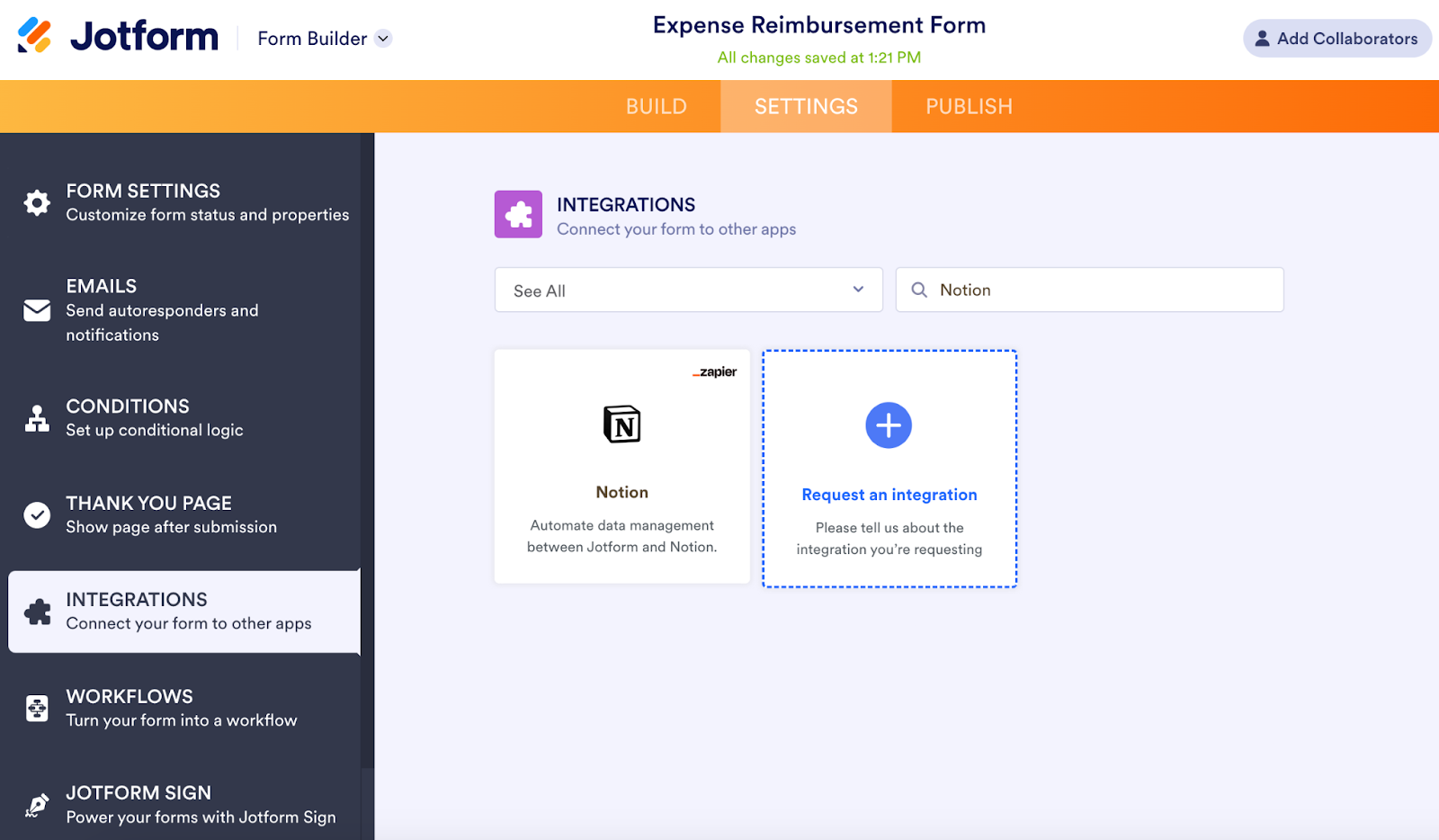 Screenshot of the Jotform Form Builder integrations page