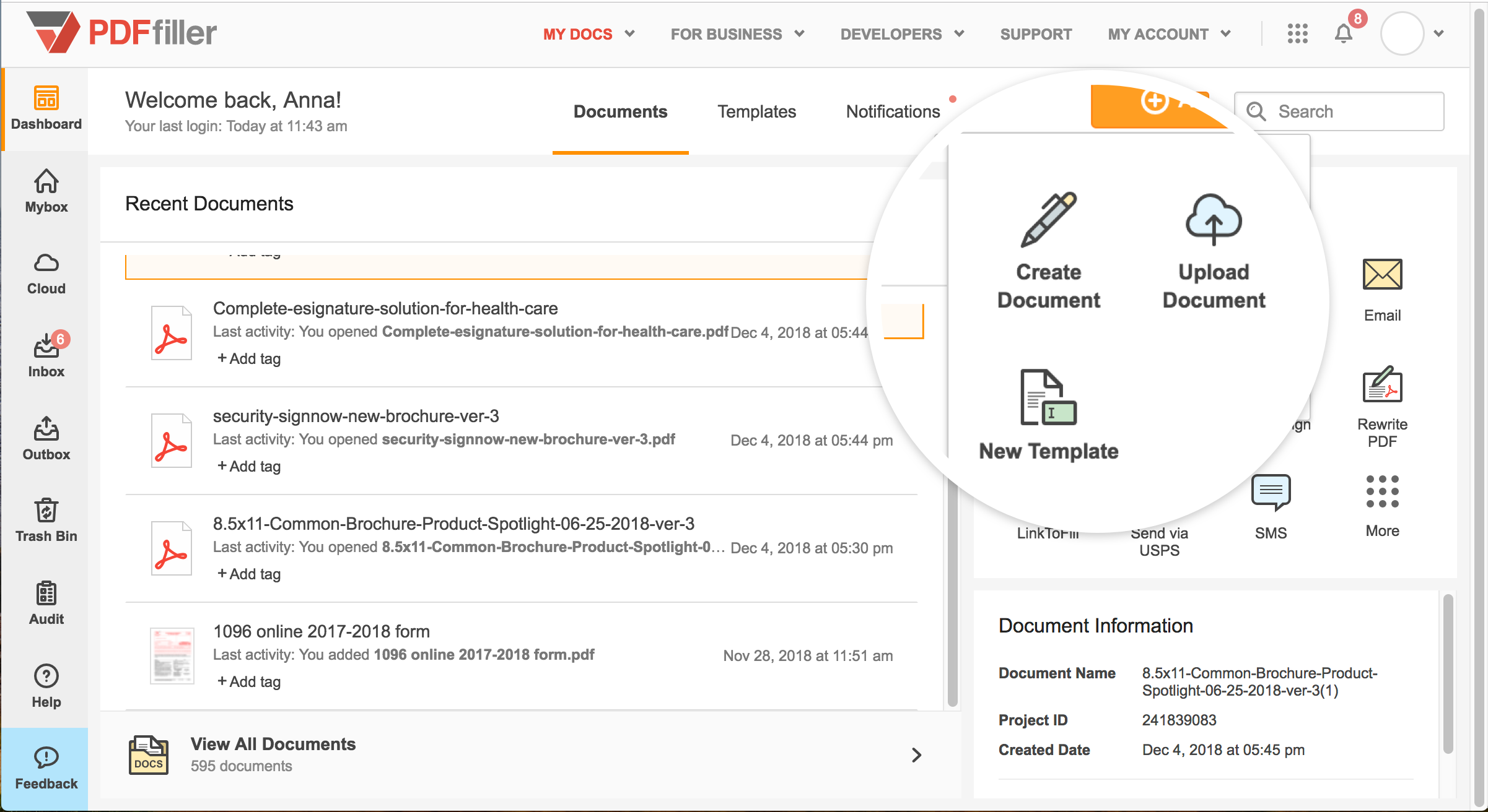User Interface of pdfFiller