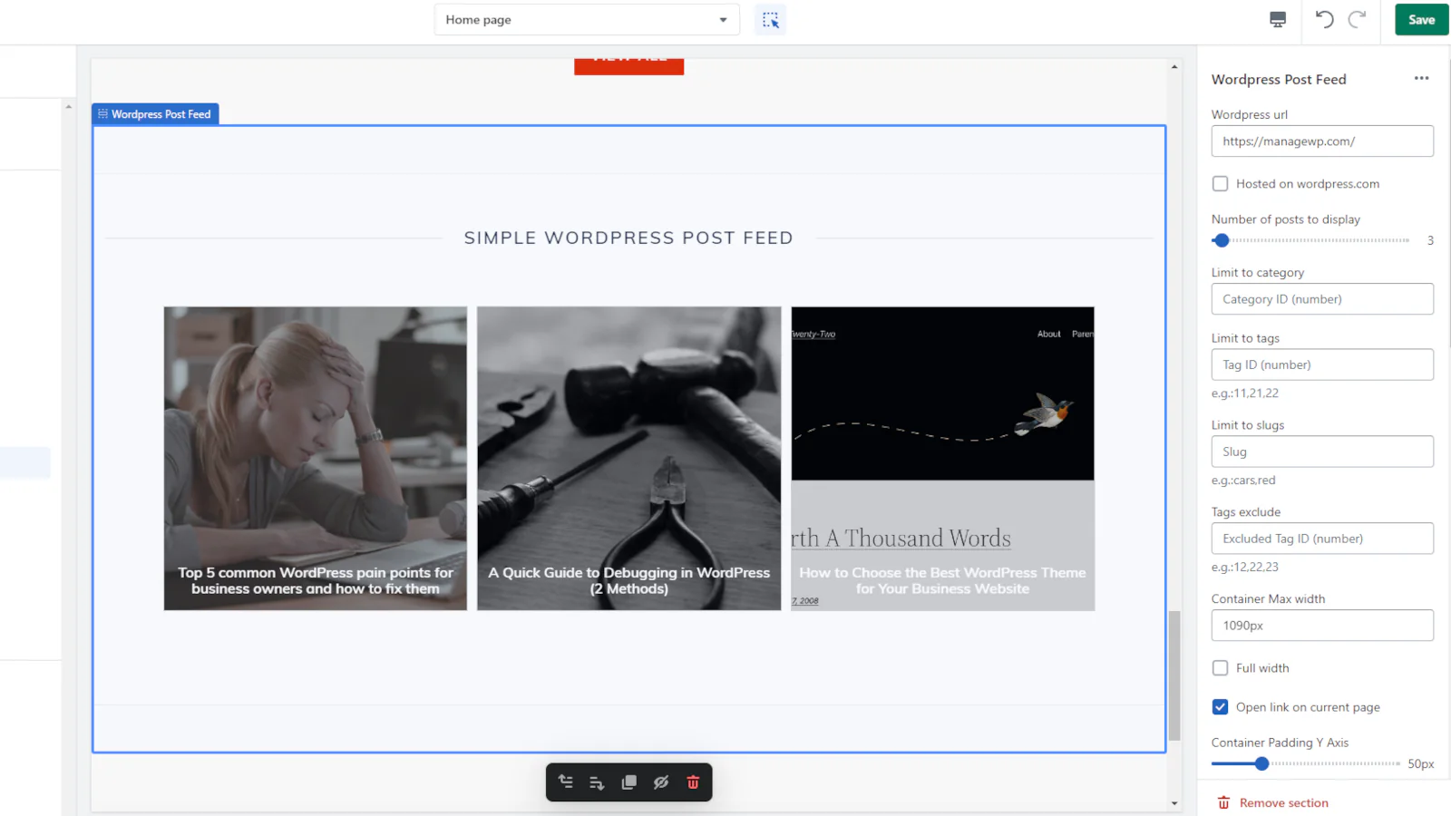 User Interface of Simple WordPress Post Feed