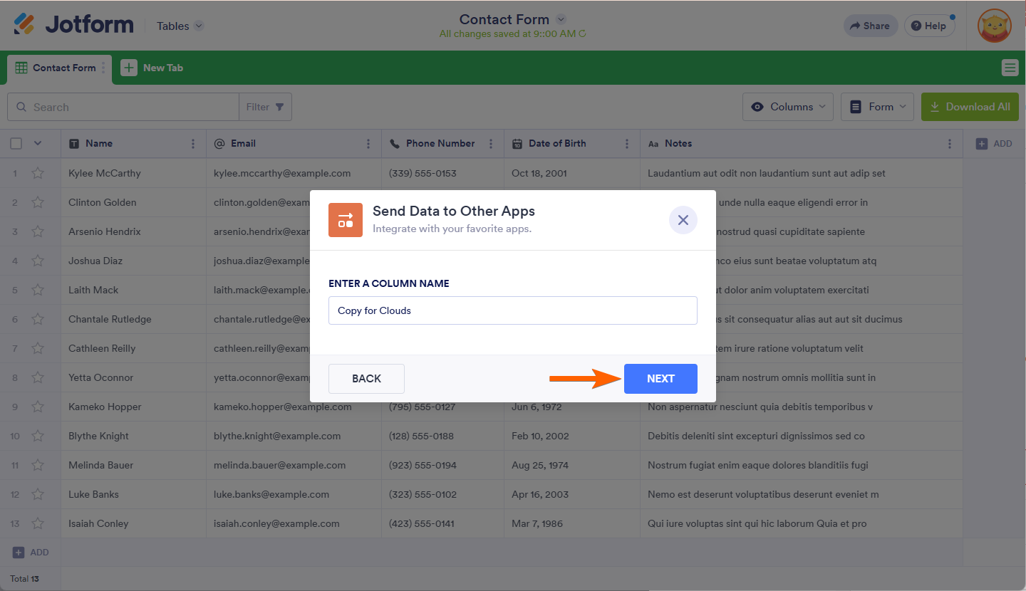 Column Name box in the Send Data to Other Apps settings of Action Buttons