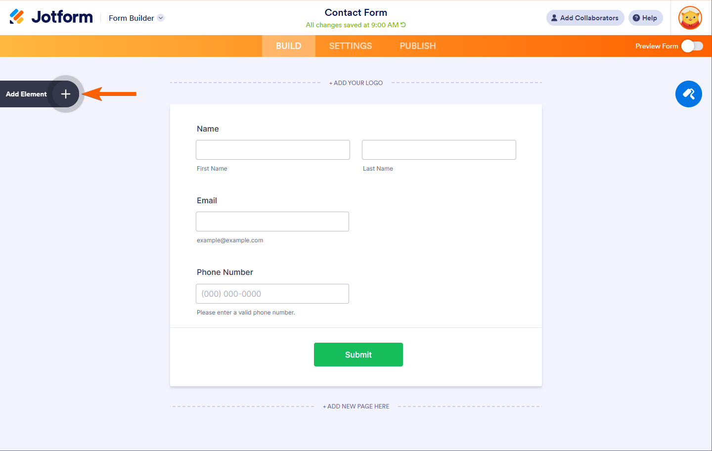 Botón Añadir elemento en el Constructor de Jotform