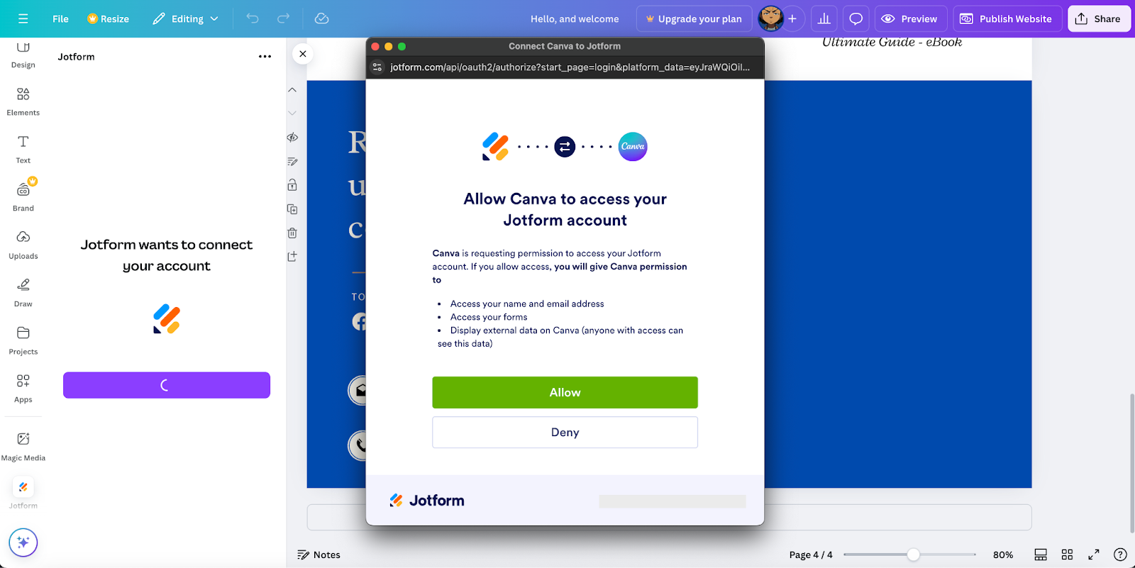 Clicking on the Allow button from the pop-up window to grant permission