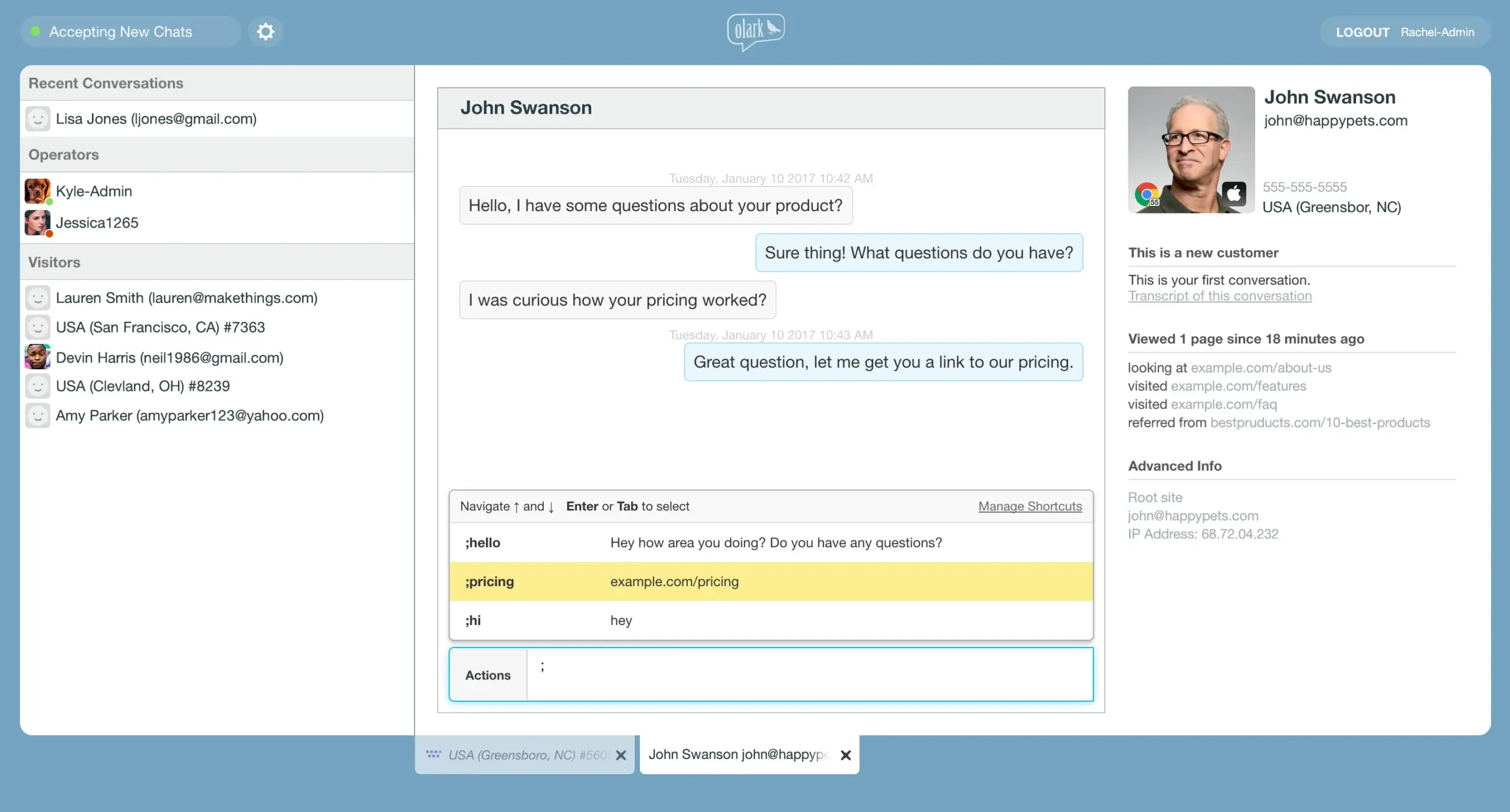 User Interface of Olark