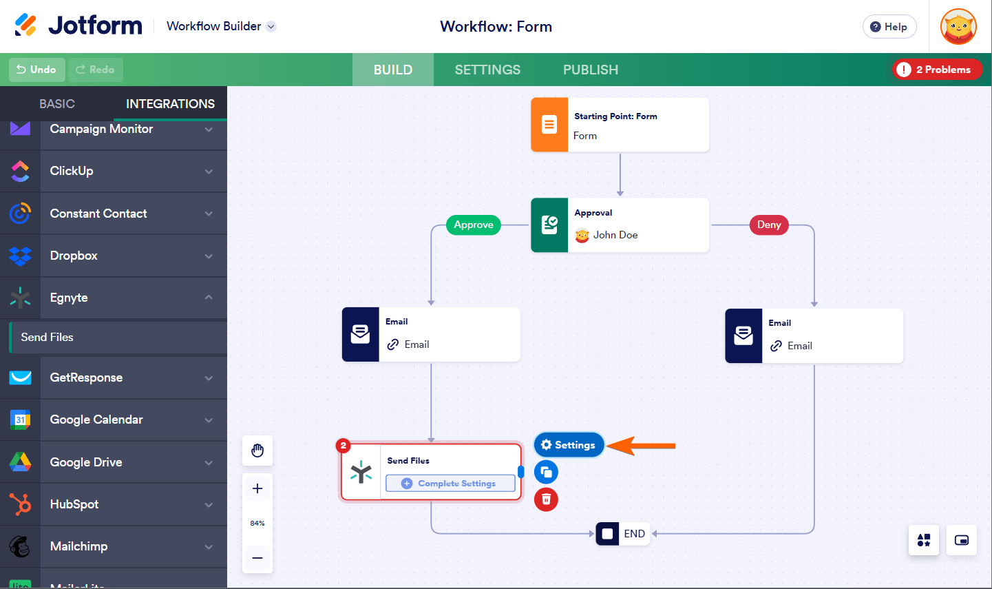 Settings option of Egnyte integration in Jotform Workflows