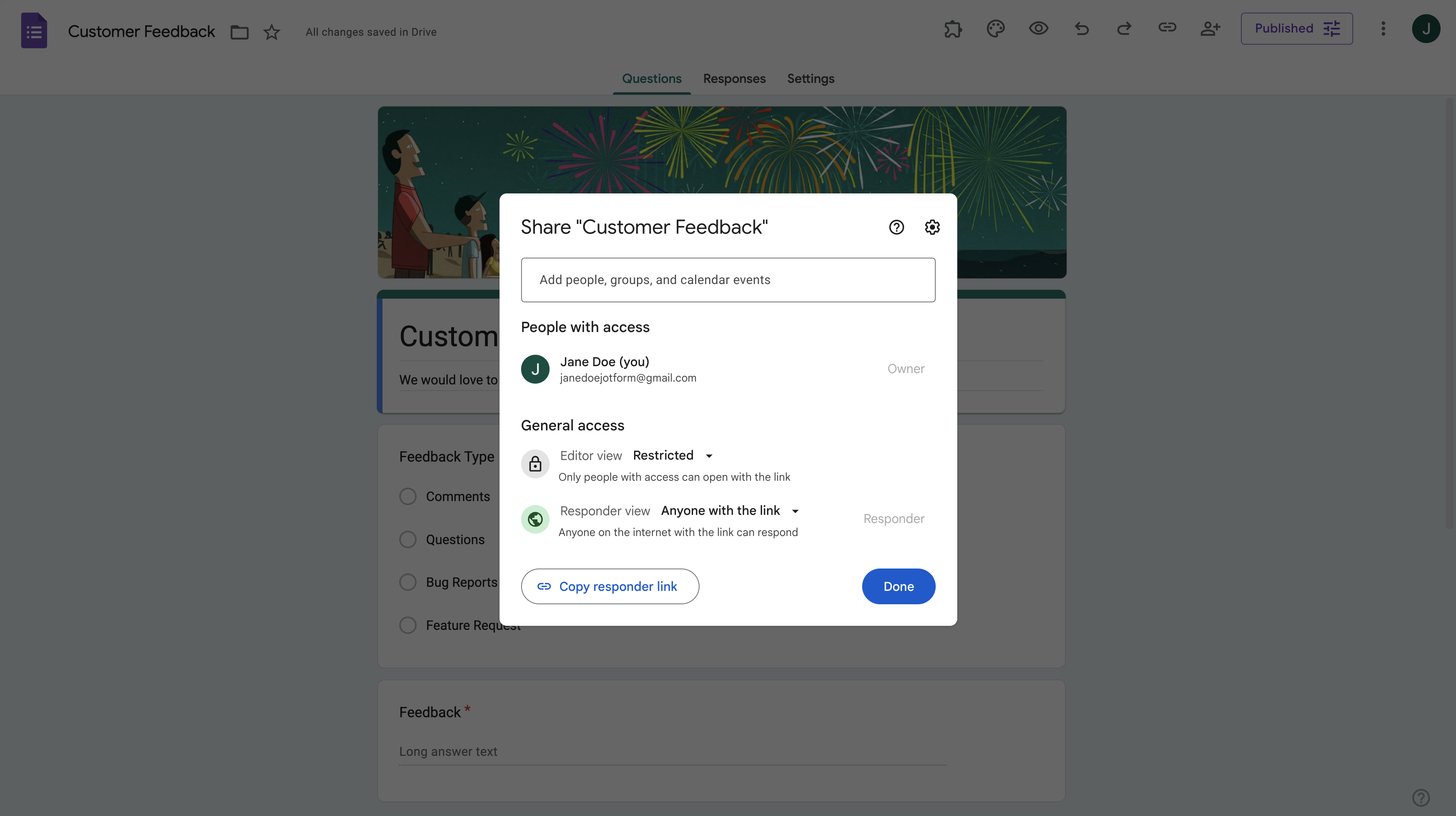 Displaying a Share Window in a Google Form