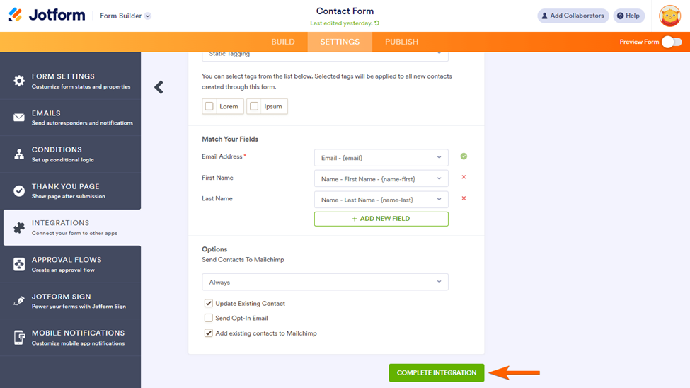 Tombol "Complete Integration" Form Builder