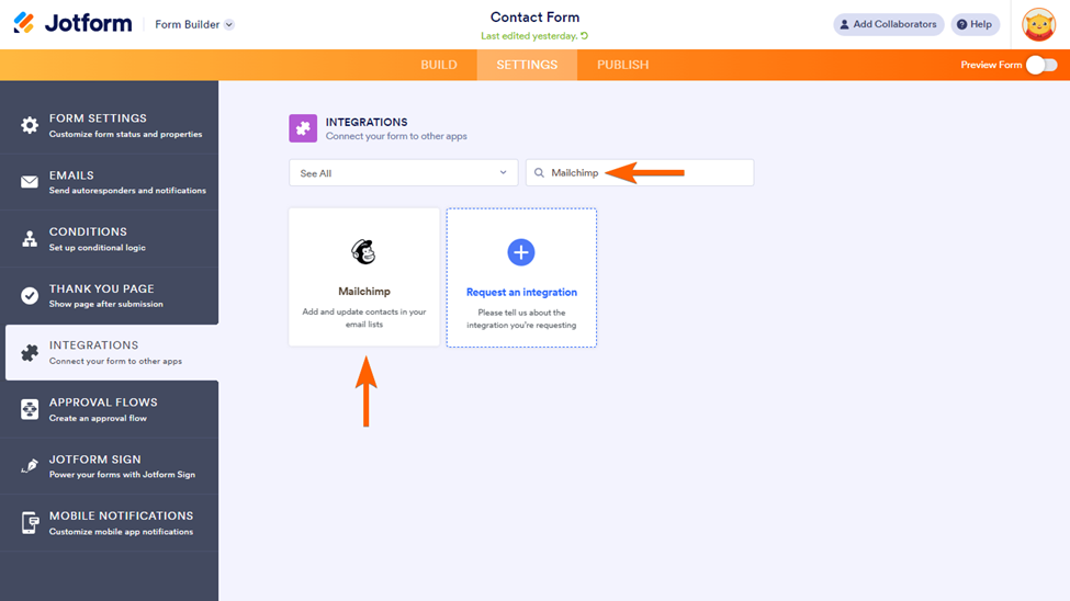Integrasi "Mailchimp" Jotform Form Builder