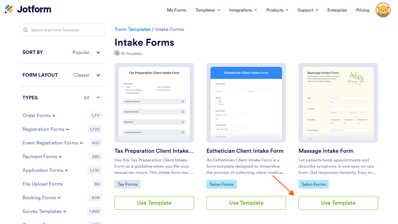 Clicking on the Use Template button on Intake Forms Category