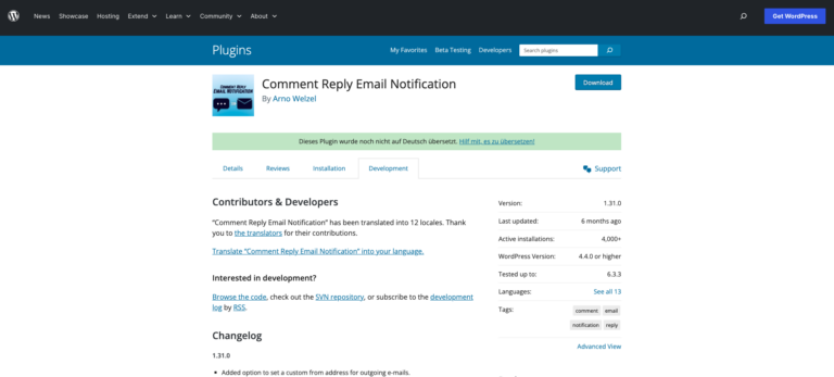Comment Reply Email Notification sulla pagina dei plug-in di WordPress