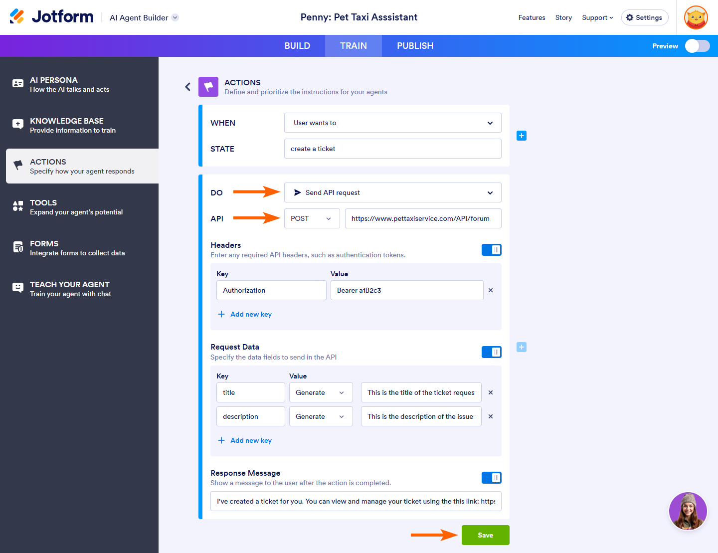 Send API Request action in the Do dropdown of the Actions section in the Train tab of the Jotform AI Agent Builder