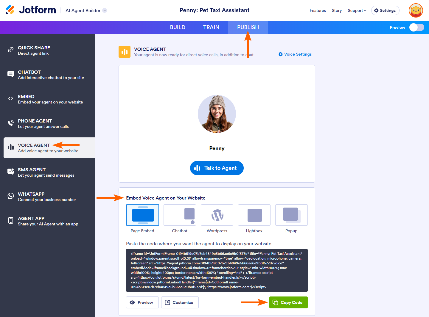 Copy Code button of the Voice Agent section in Publish tab of the Jotform AI Agent Builder