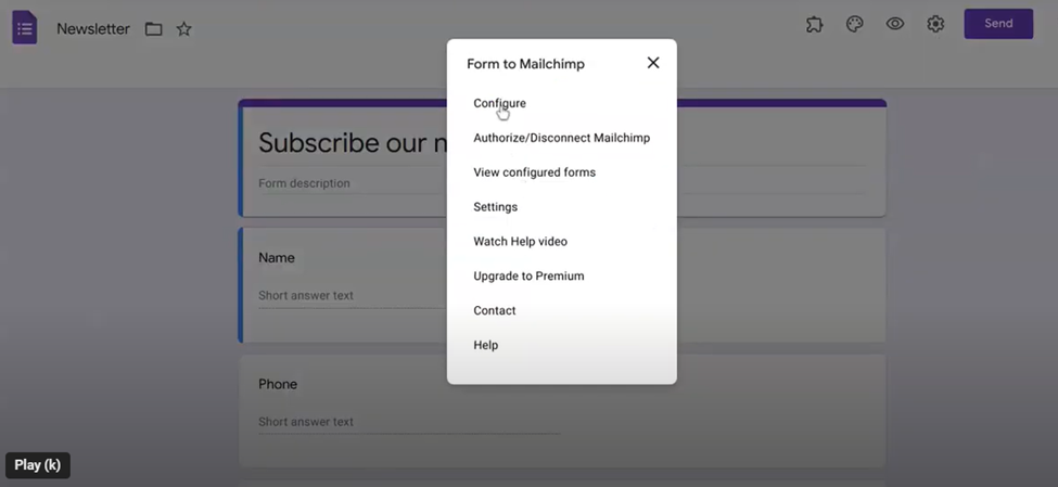 Opsi "Configure" Google Forms