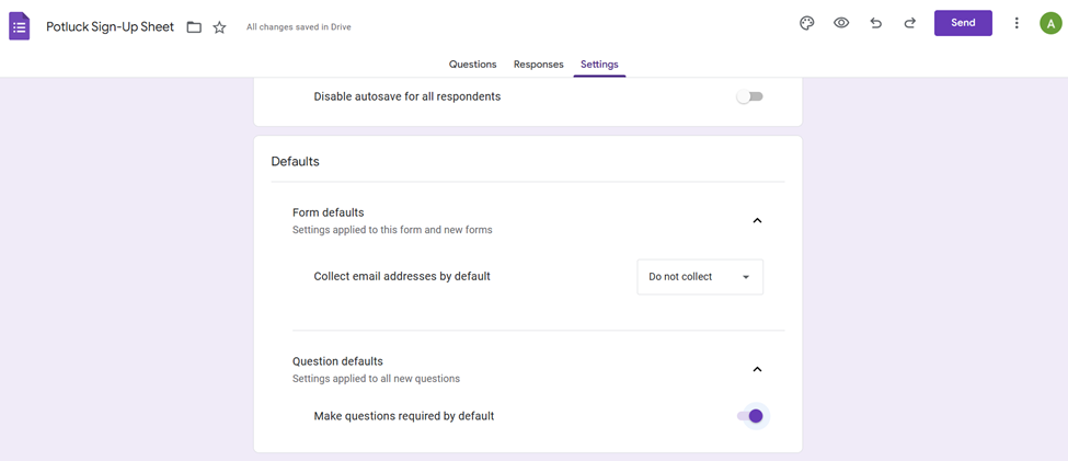 Google Forms' Potluck Sign-Up Sheet Defaults Settings User Interface