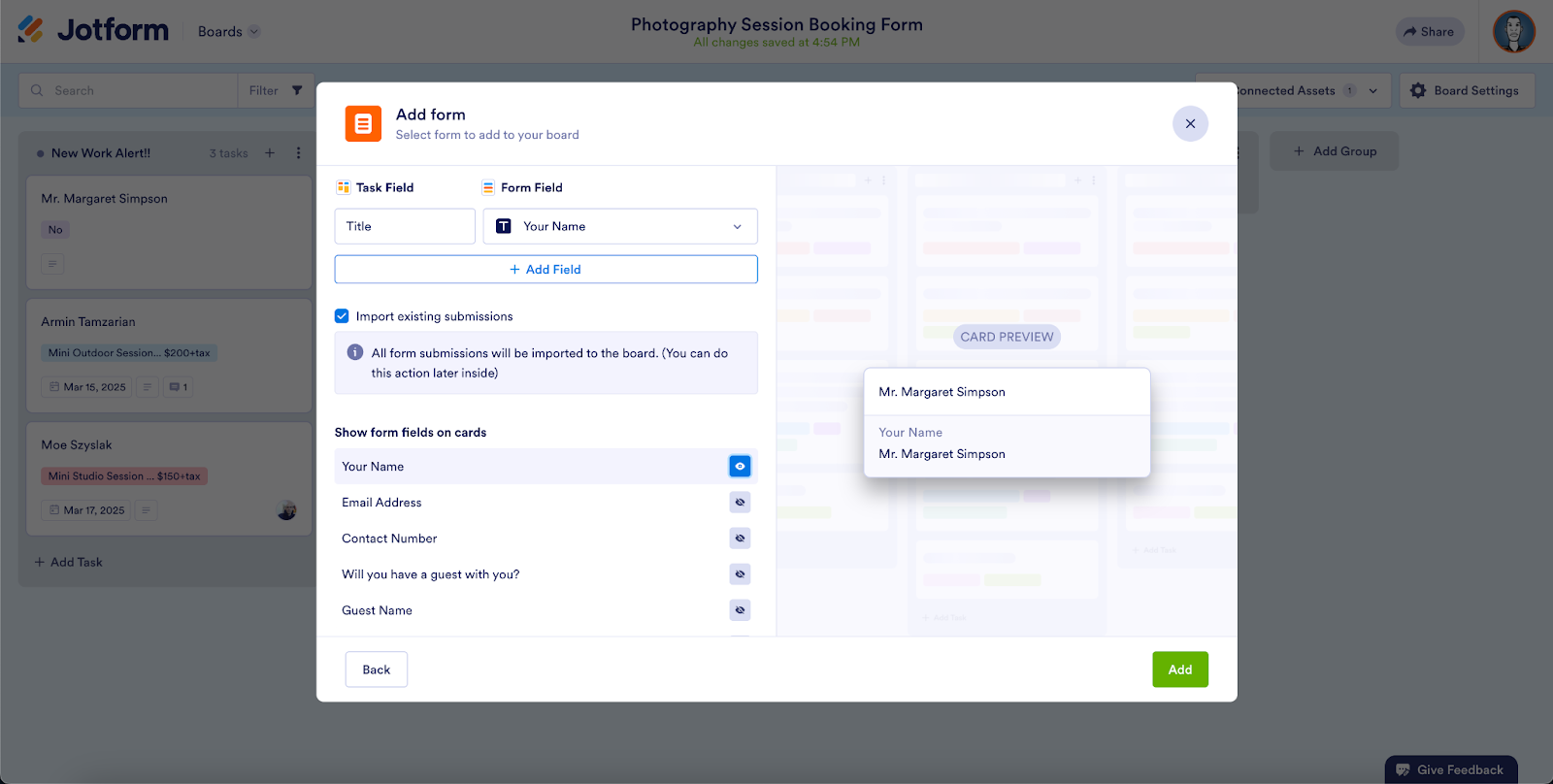 Customizing the form fields and mapping the task fields to form fields in the Add Form window