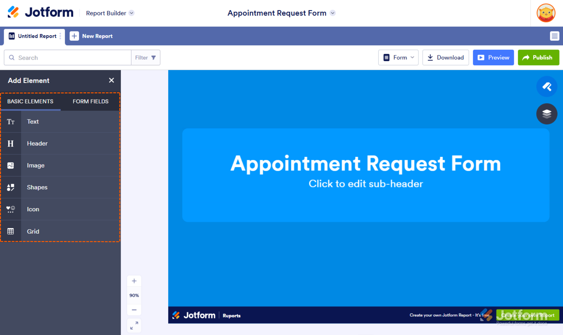 Report Builder de Jotform con la pestaña 'Elementos básicos' abierta, mostrando opciones para Texto, Encabezado, Imagen, Formas, Icono y Cuadrícula