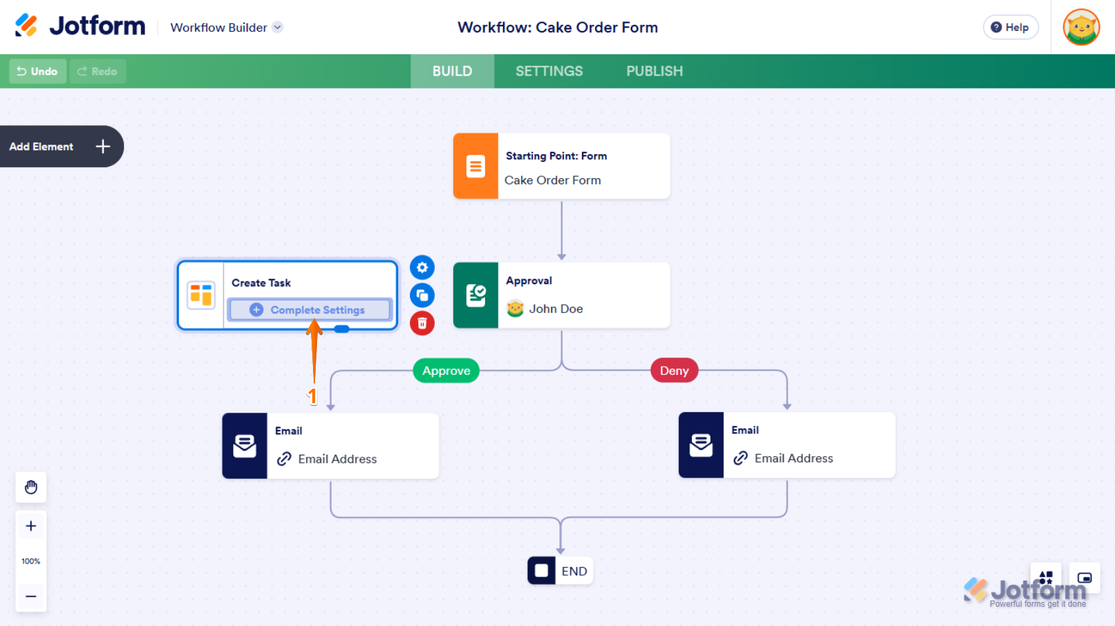 Complete Settings button on the Create Task element in Jotform Workflow Builder