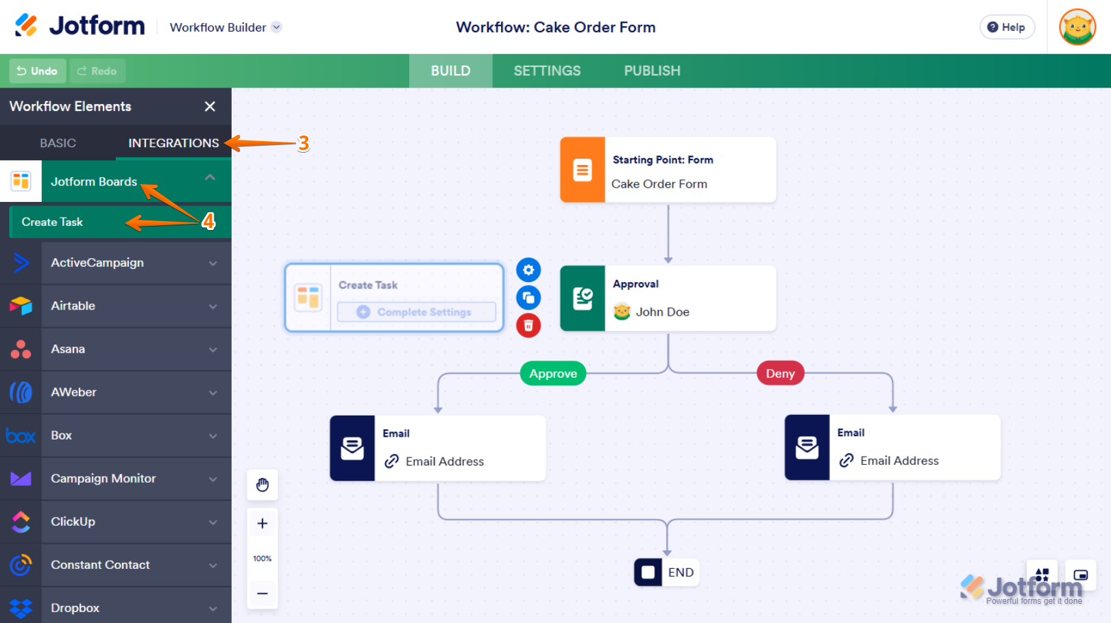 Create Task element of Jotform Boards in the Integration tab of the Workflow Elements menu in Jotform Workflow Builder