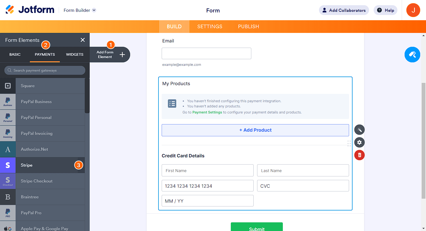 Screenshot of the Jotform Form Builder, with steps to click on the "Add Form Element," "Payments," and "Stripe" buttons