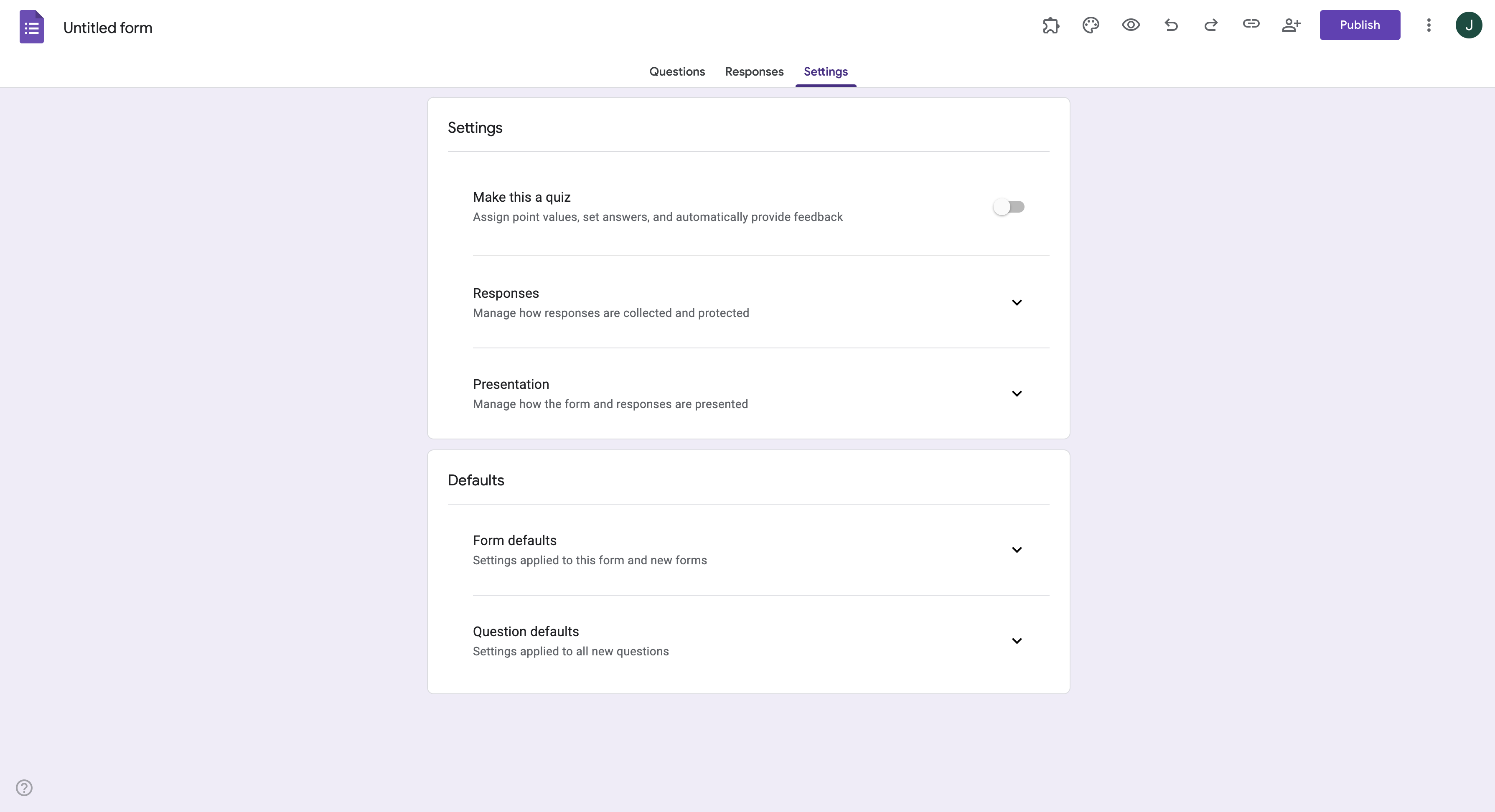Settings tab on Google Forms