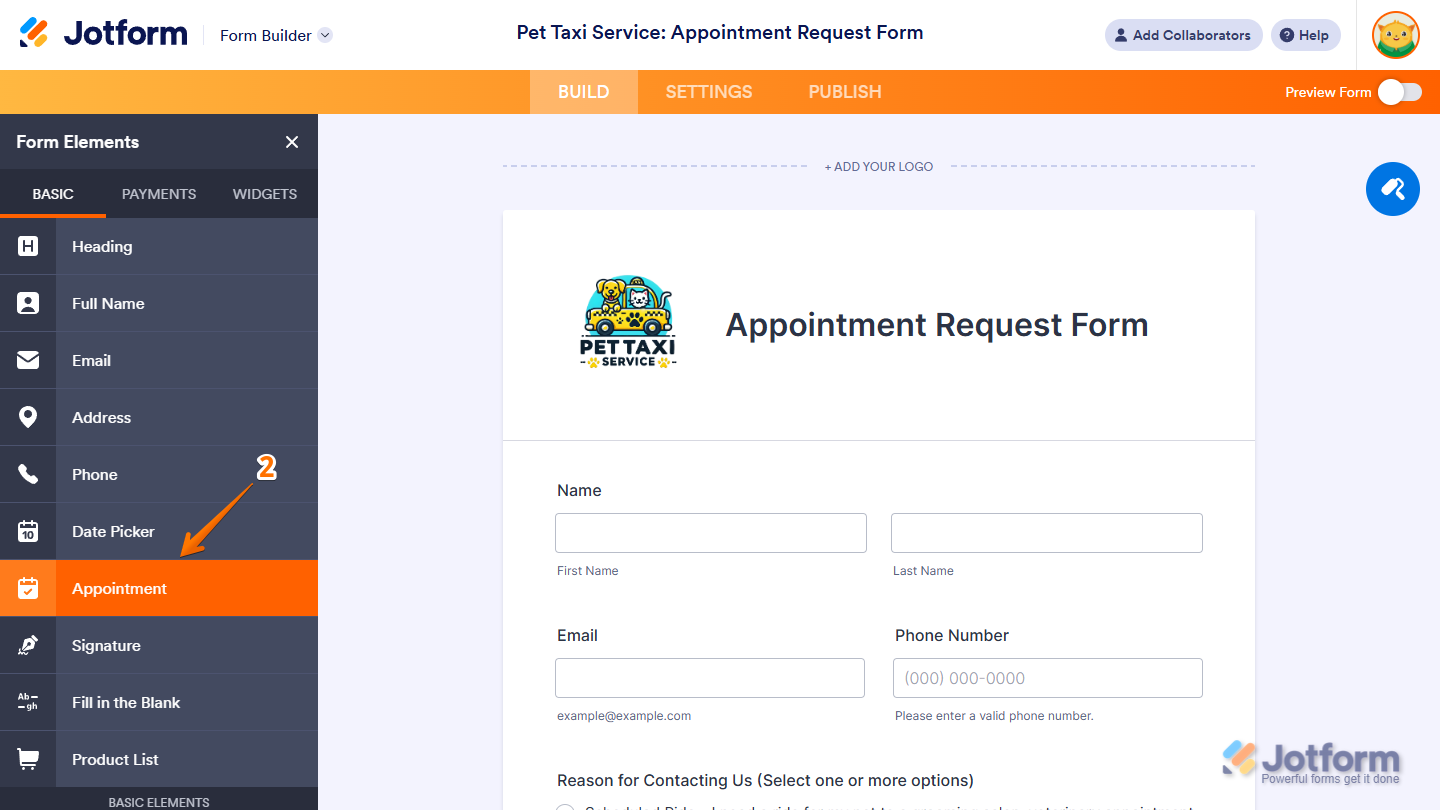 Appointment element in the Basic tab of the Form Elements menu in Jotform Form Builder