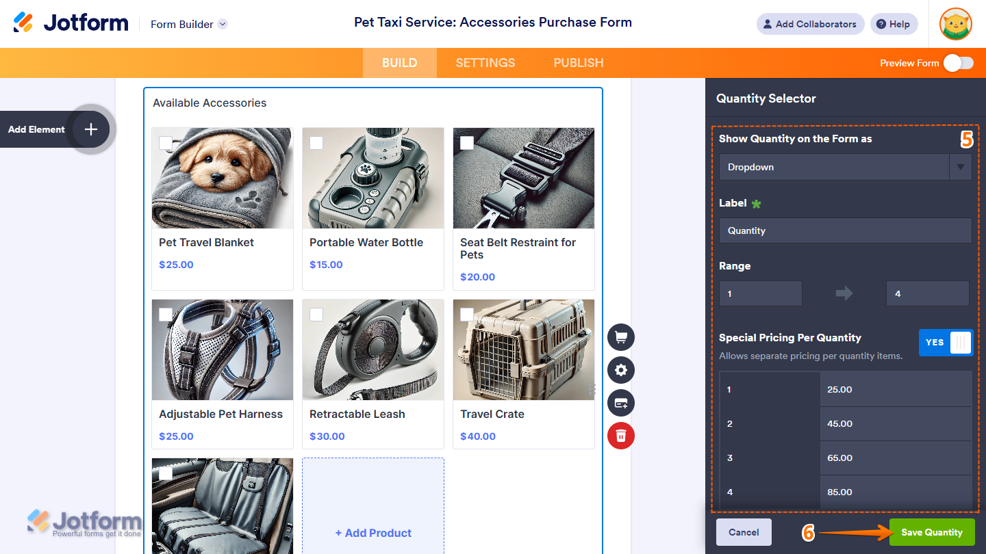 Settings and Save button in the Quantity Selector window of the Jotform Form Builder