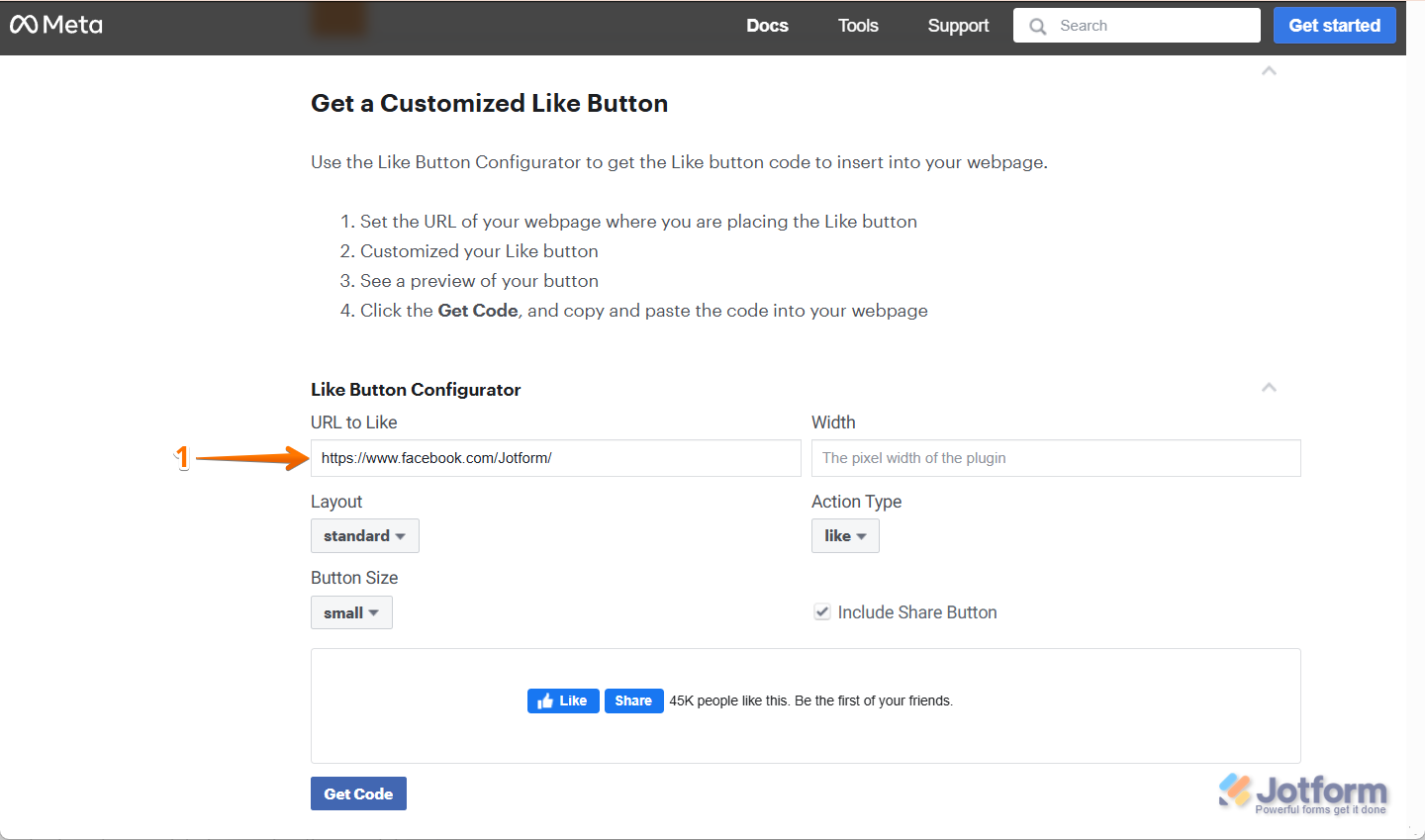 Enter Facebook Page URL in Like Button Configurator