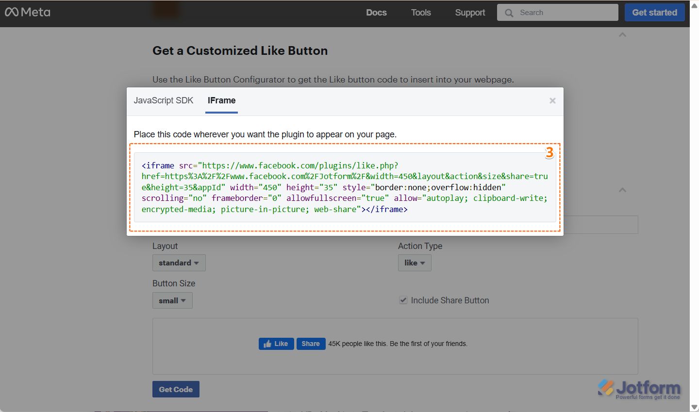 Copy iframe code from iFrame tab in Facebook Like Button Configurator