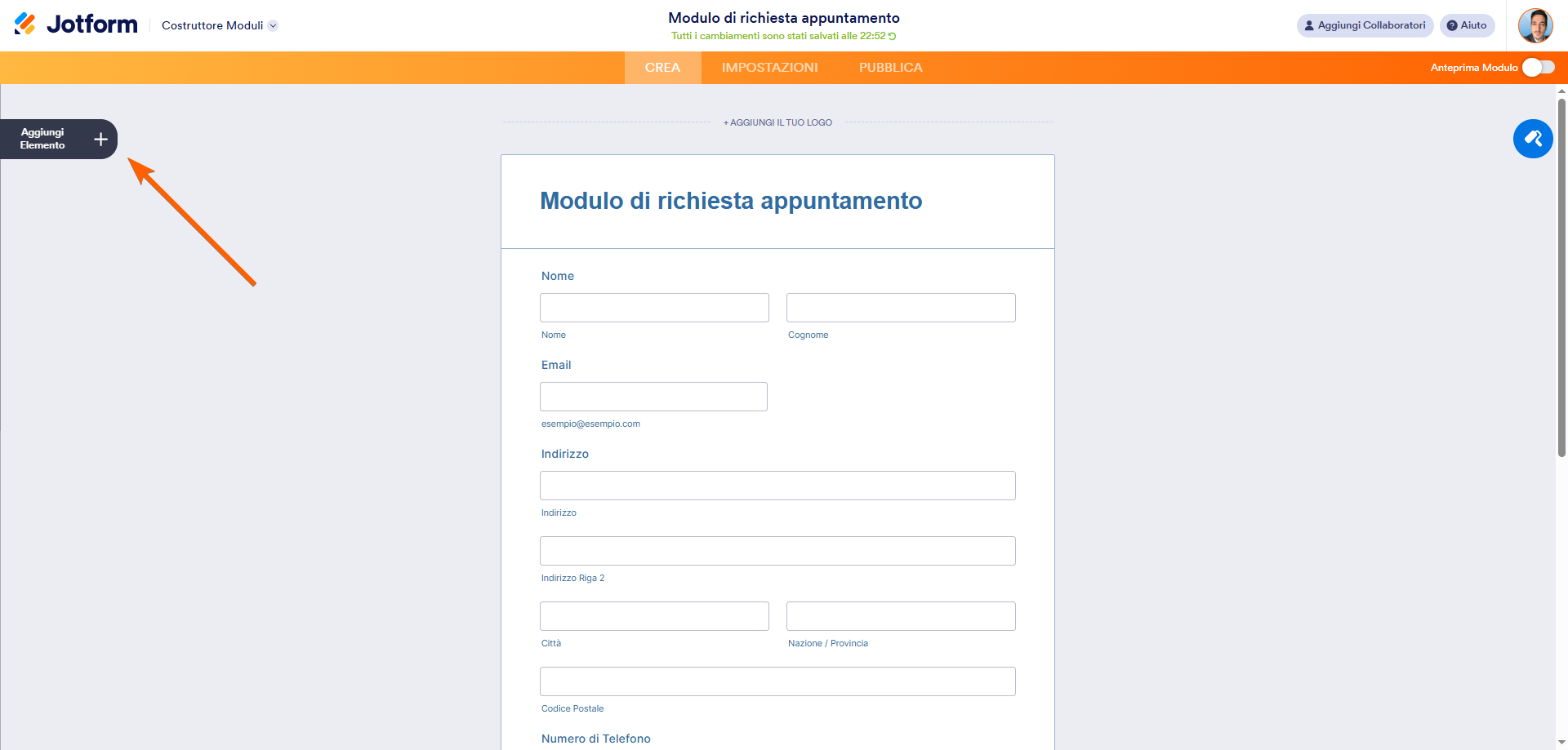 Screenshot che mostra il pulsante Aggiungi Elemento nel Costruttore di Moduli di Jotform