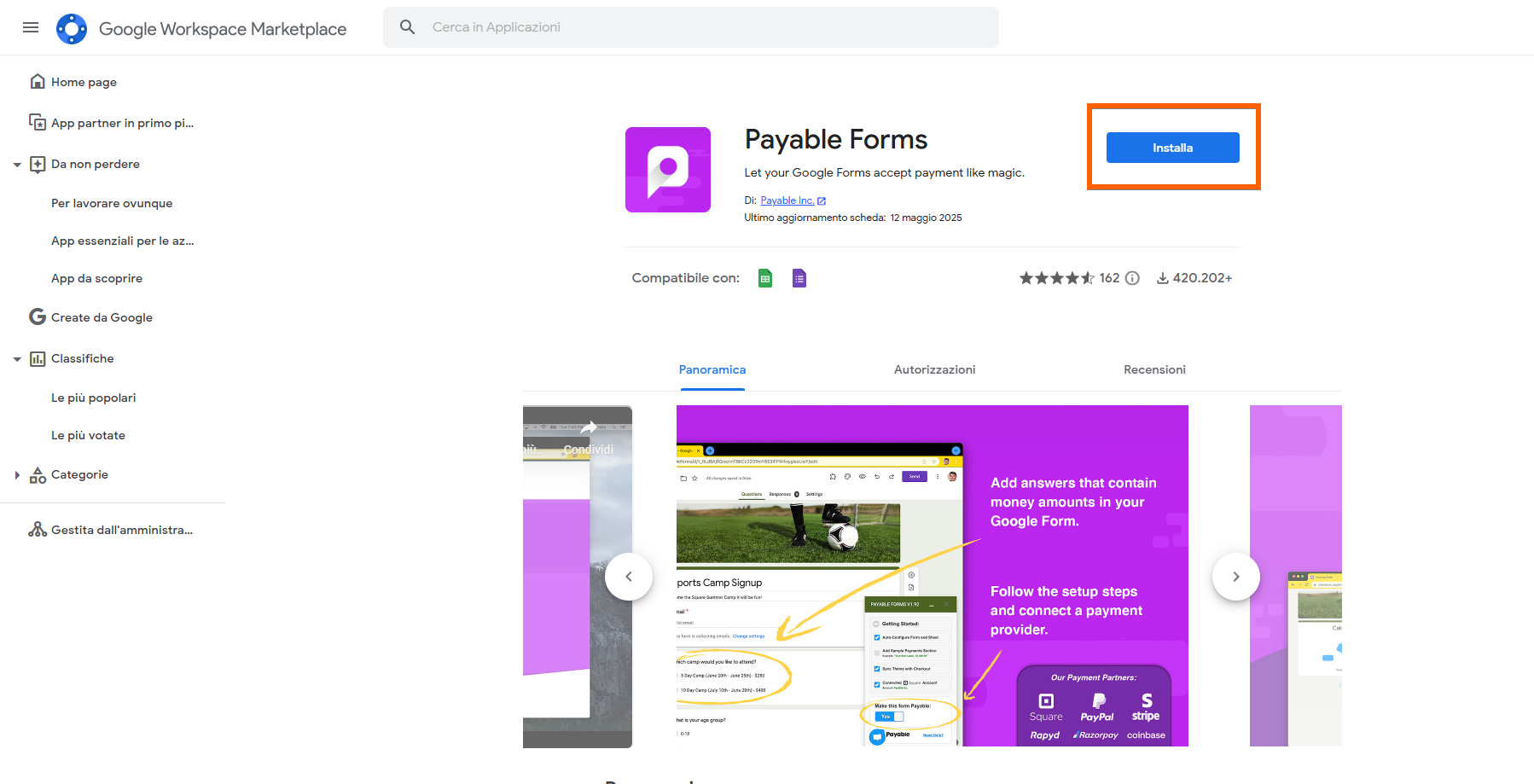 Pagina Google Marketplace di Payable Forms Cliccando su Installa