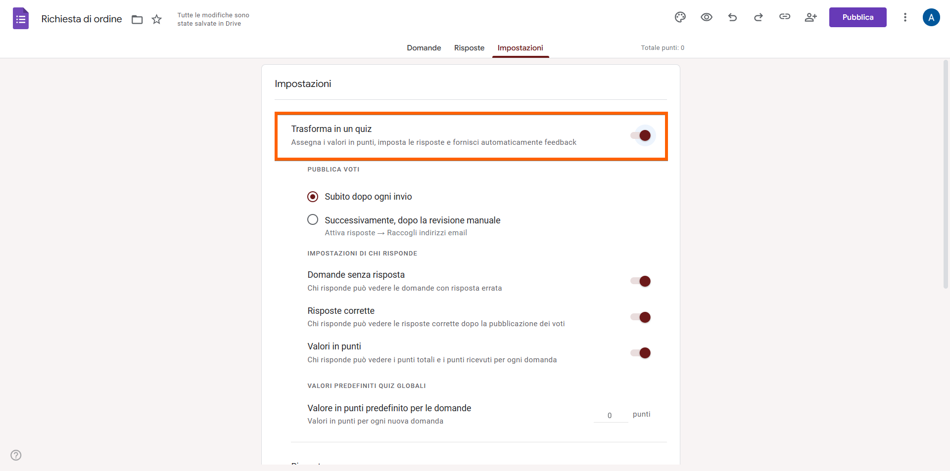 Scheda Impostazioni di un Modulo d'Ordine in Google Forms con l'Opzione "Trasforma in un quiz" Attivata