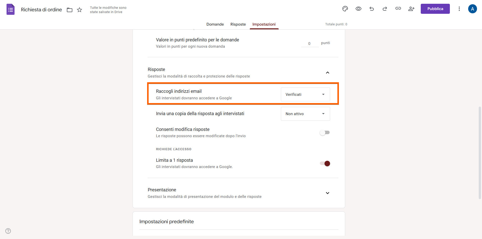 Scheda Impostazioni di un Modulo d'Ordine in Google Forms con l'Opzione "Raccogli indirizzi email" Attivata