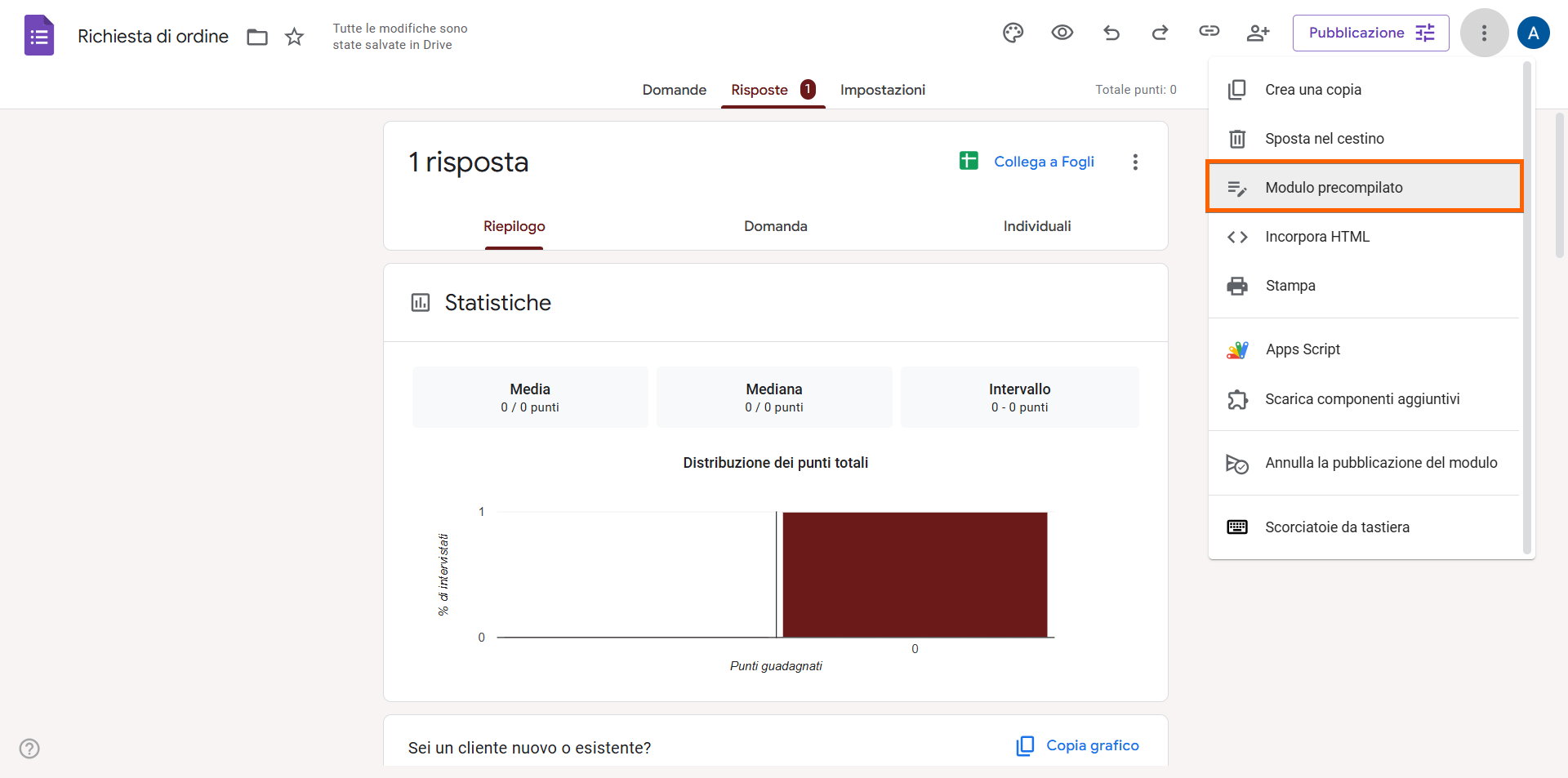 Modulo d'Ordine in Google Forms Cliccando sull'Opzione "Modulo Precompilato"