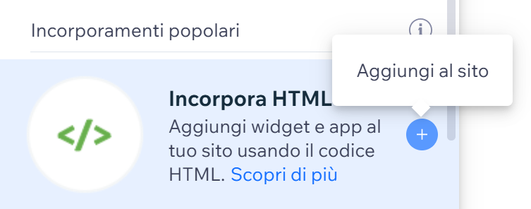 Screenshot dell'elemento di pagina “Incorpora HTML” su Wix, con il pulsante "Aggiungi al sito" evidenziato