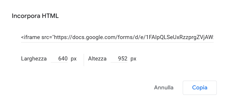 Screenshot del menu Incorpora HTML che mostra il codice di incorporamento e i campi per regolare la larghezza e l'altezza
