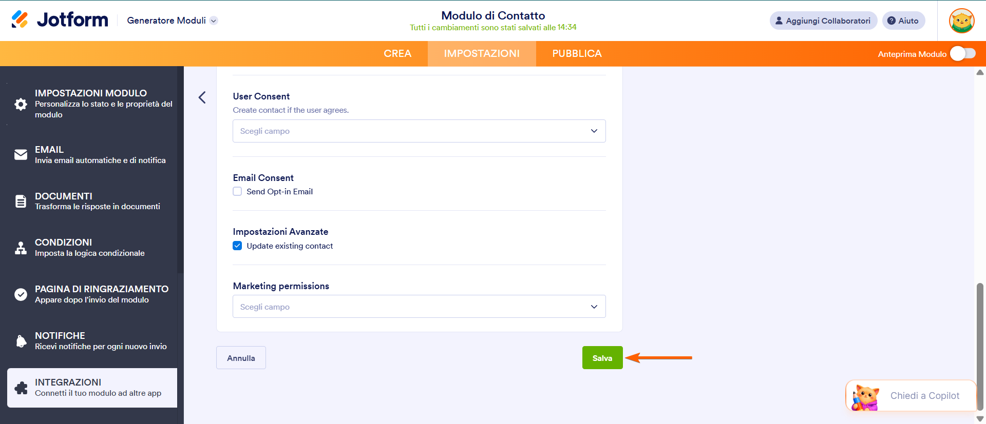Pulsante "Salva" dell'integrazione di Mailchimp nel Generatore di Moduli di Jotform