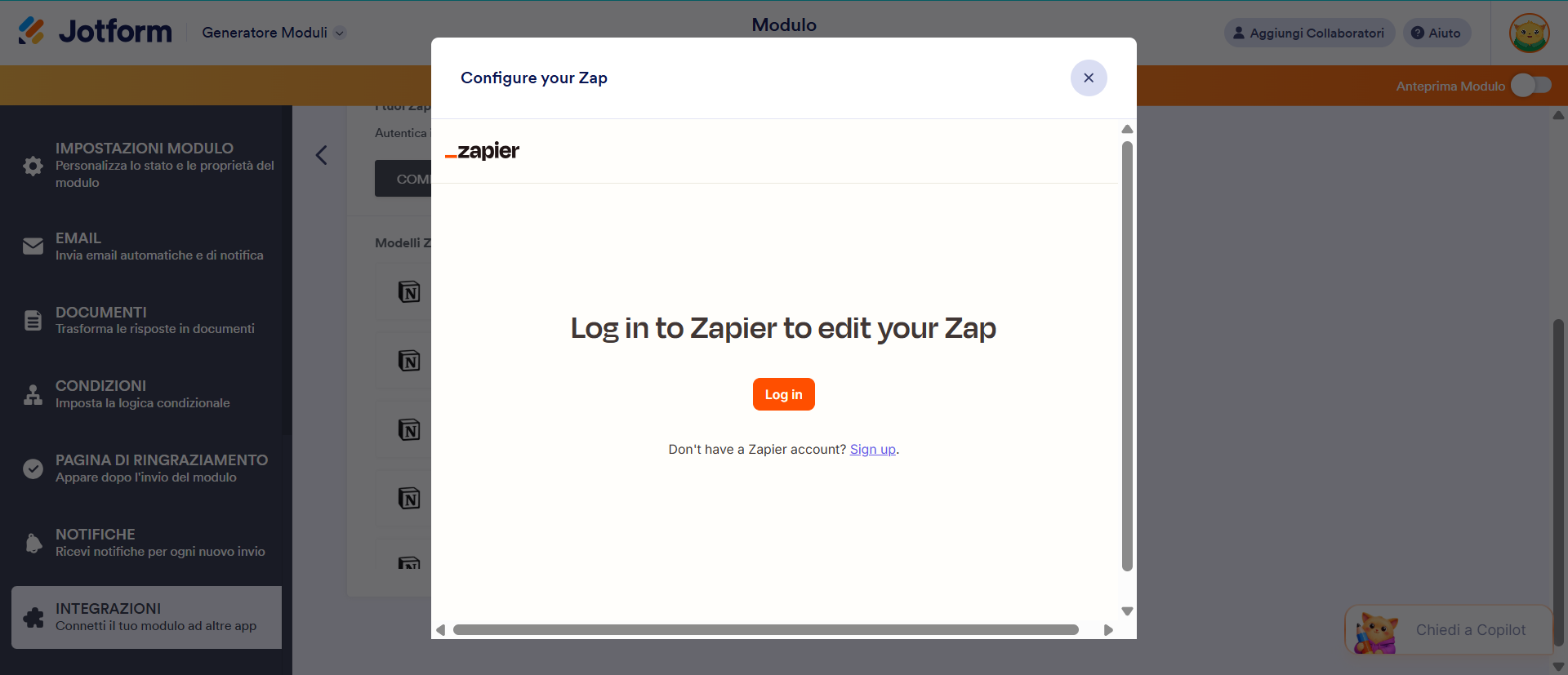 Screenshot della finestra di accesso di Zapier