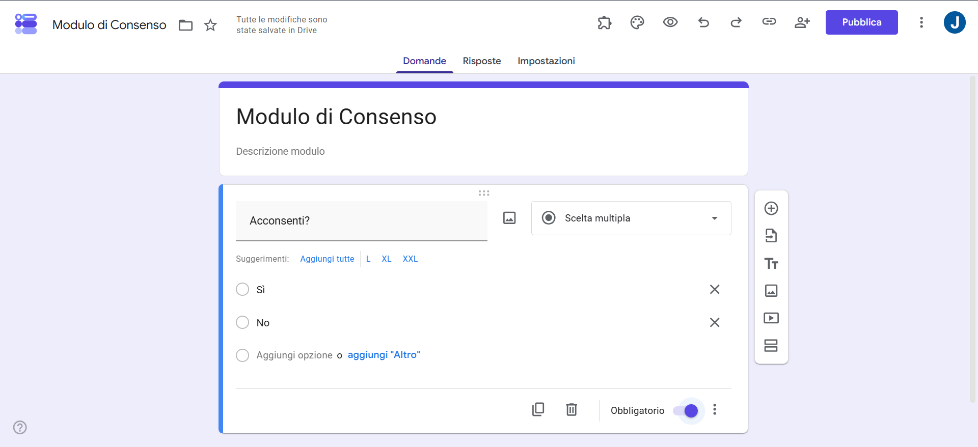 Screenshot della domanda sul modulo di Google intitolata 'Acconsenti?' con opzioni di risposta sì e no, e attivazione dell'opzione 'Obbligatorio'