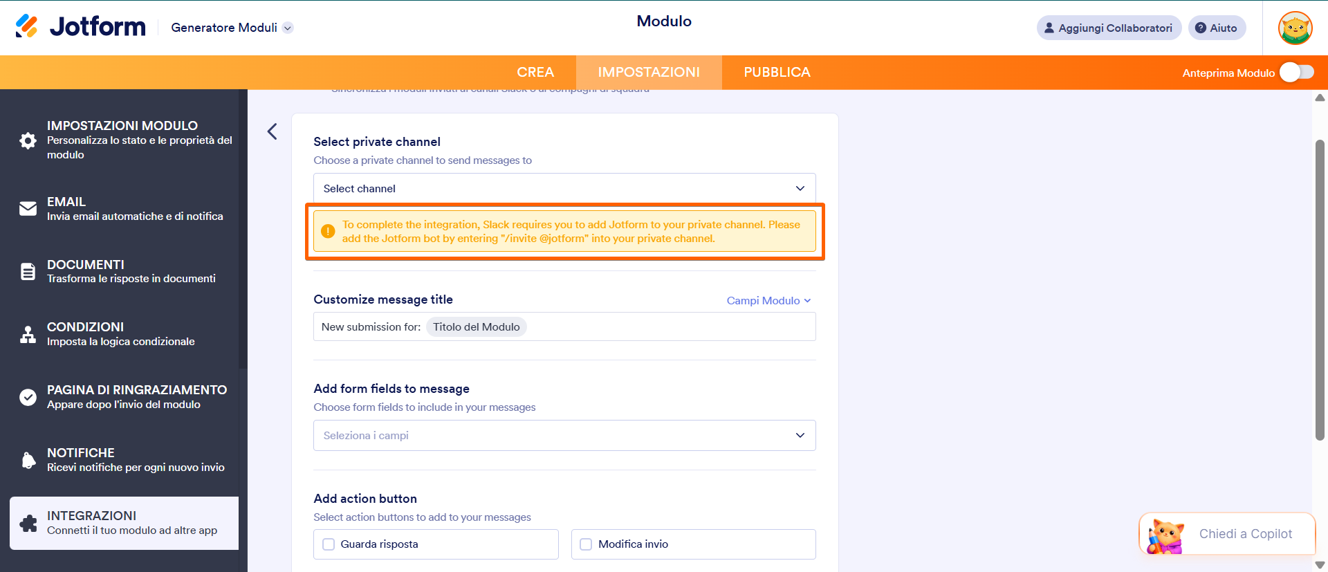 Screenshot delle impostazioni di azione dell'integrazione Slack di Jotform per l'opzione canale privato con il messaggio di avviso evidenziato