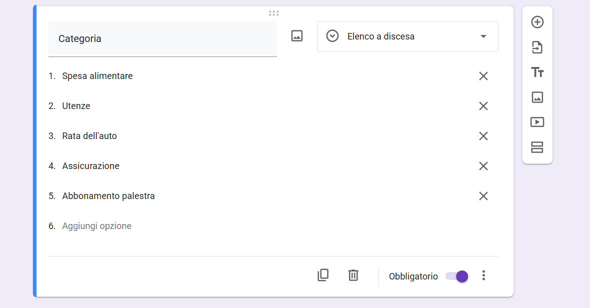 Screenshot di una domanda con più scelte formattata come un elenco a discesa con opzioni di risposta personalizzate