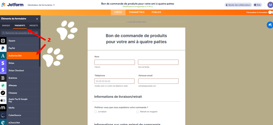 Capture d'écran d'un formulaire avec une flèche pointant sur l'onglet Paiements du volet Éléments de formulaire et une autre vers Authorize