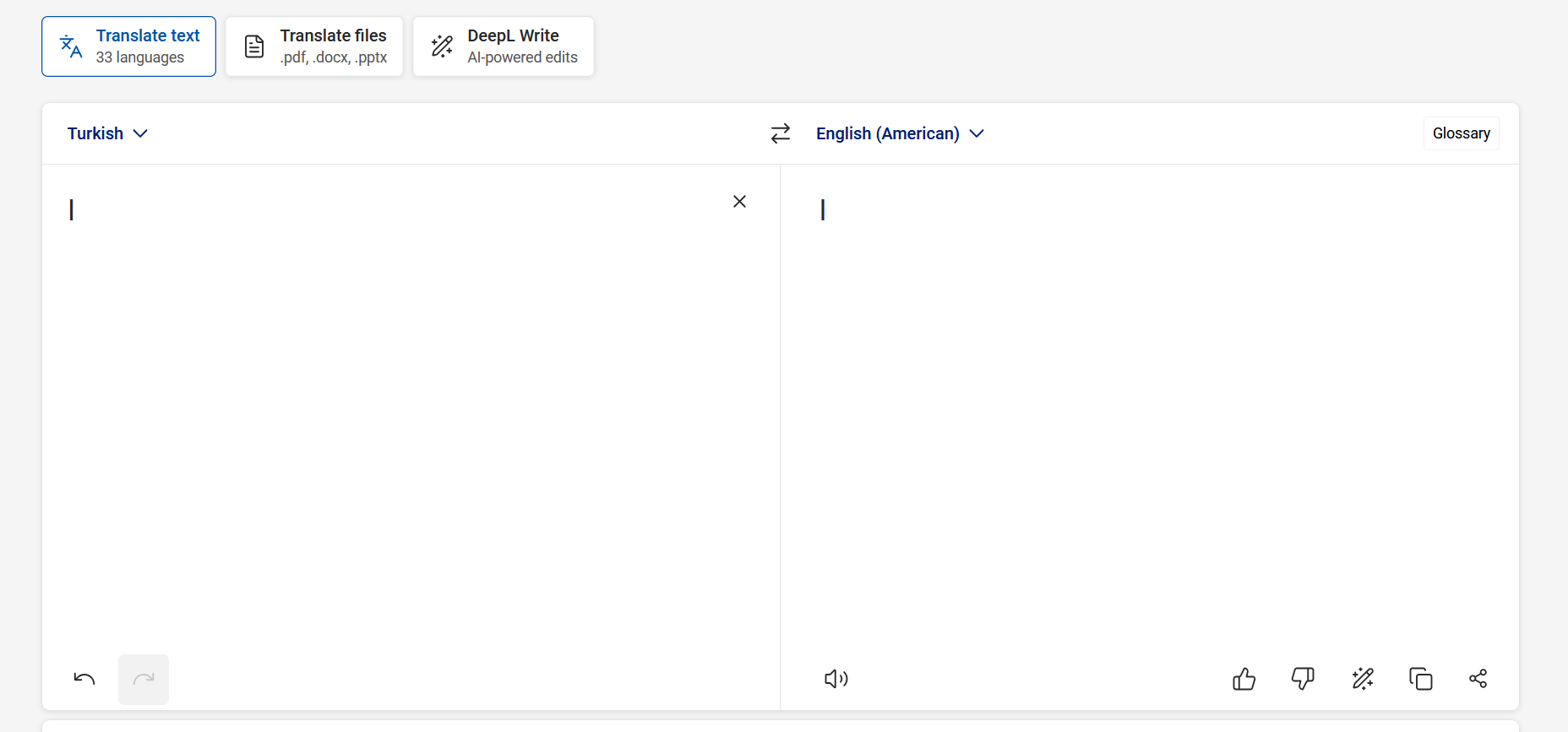 DeepL interface showing a user prepare to translate something from Turkish into American English