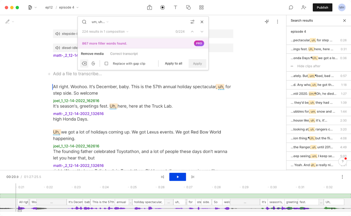 Descript AI video editor removing filler words like "um" and "uh