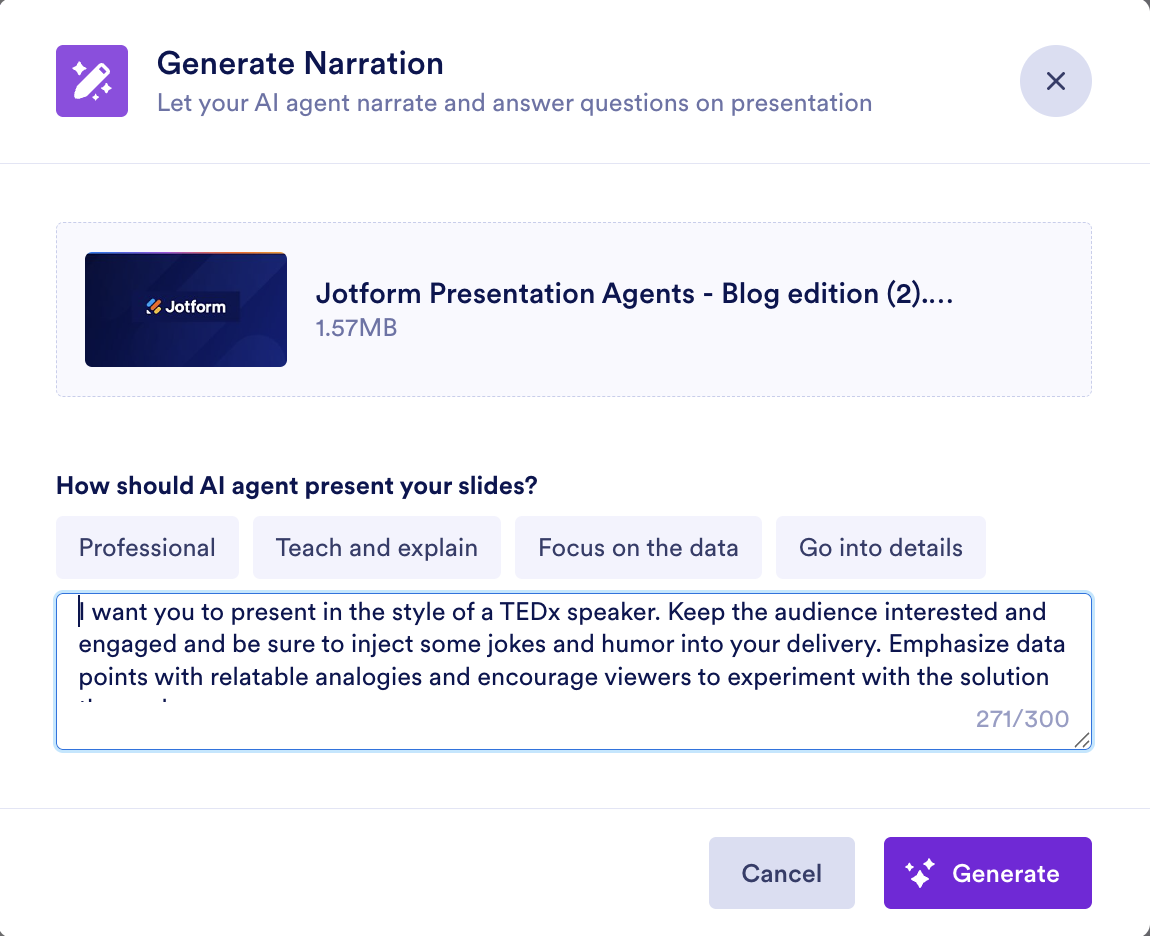 Generate Narration window on the Presentation Builder