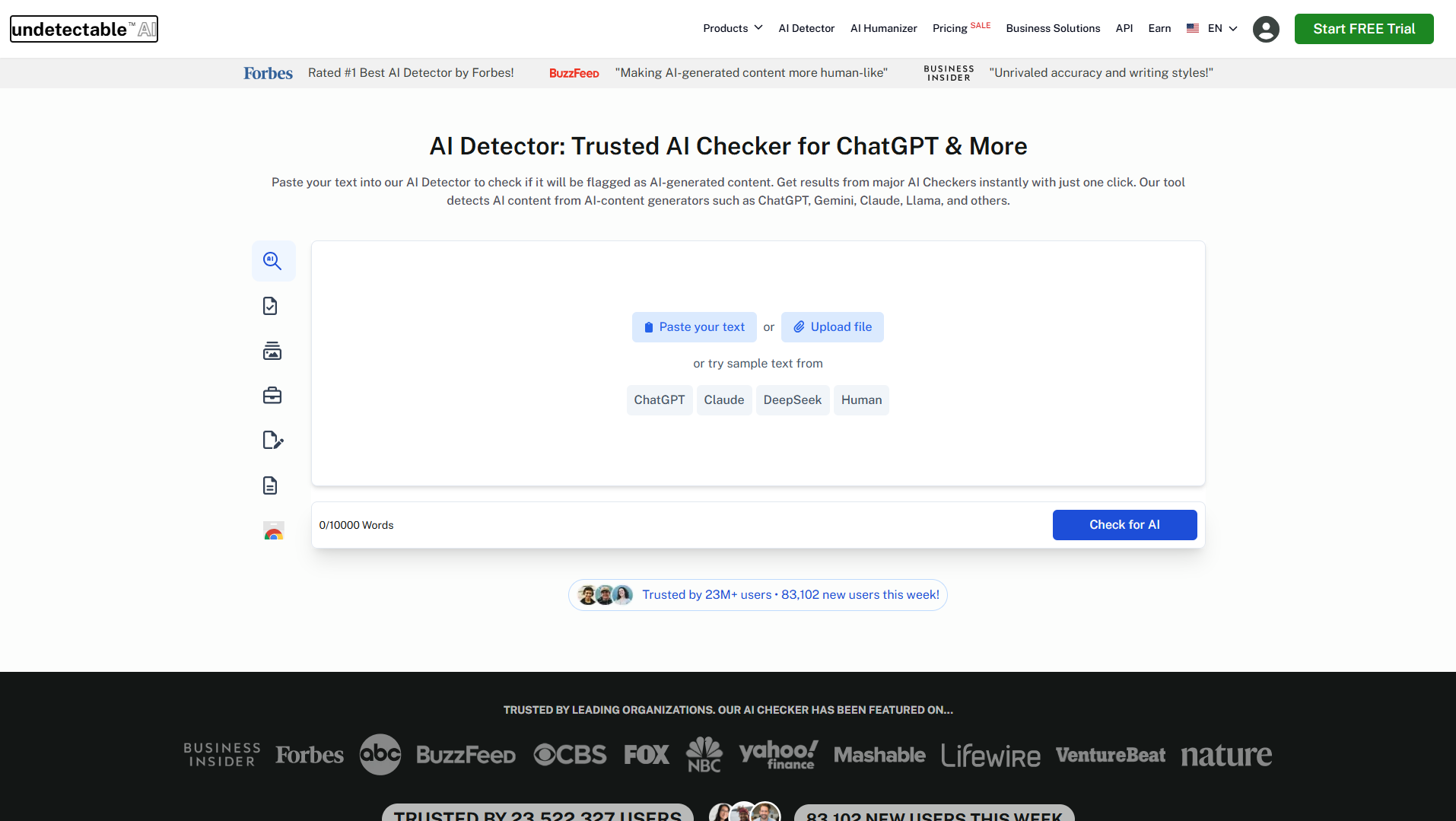 Screenshot of the Undetectable AI Detector interface with options to paste text or upload a file and check for AI-generated content